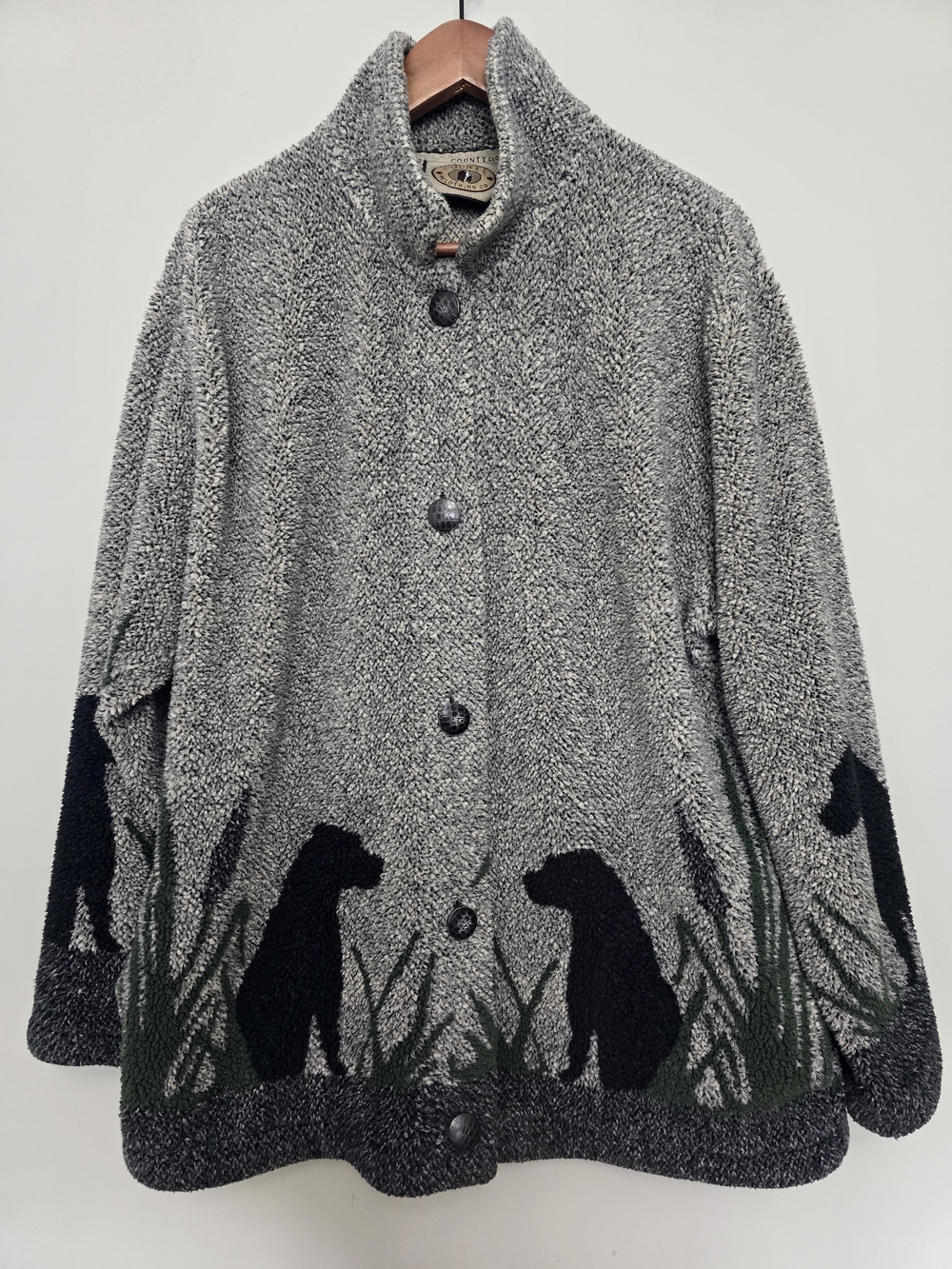 Vintage County Clothing Co Cozy Gray Button-Up Jacket with Black Dog Motif